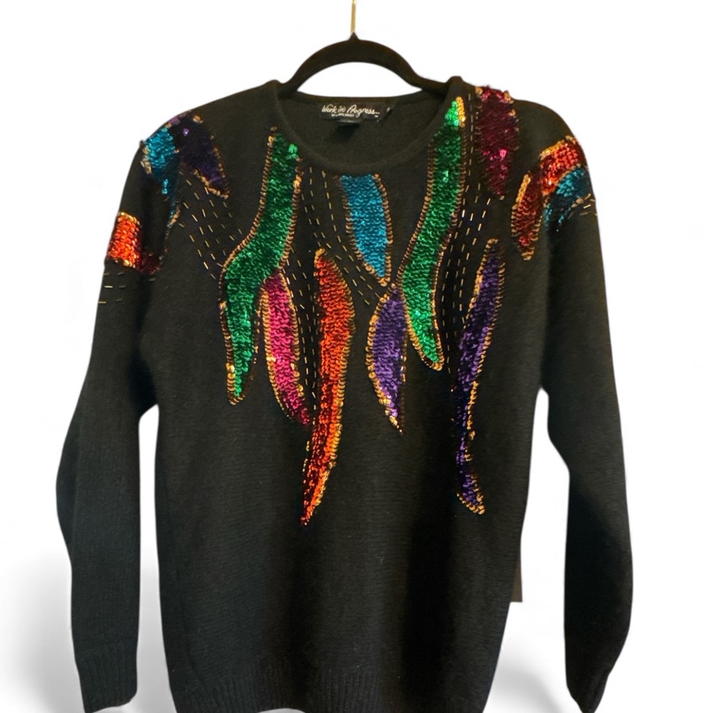 Vintage Sequin 80's Black Silk,Angora,Lambswool Sweater-made In Hong Kong - Picture 3 of 8